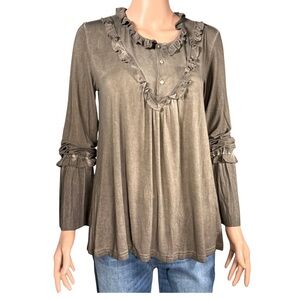 NWT POL Long-Sleeved Ruffled Henley Top in Olive Brown – Size S